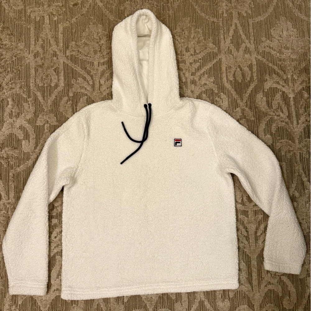 FILA Women’s White Navy Fuzzy Cozy Hoodie Hooded Sweater Size Large